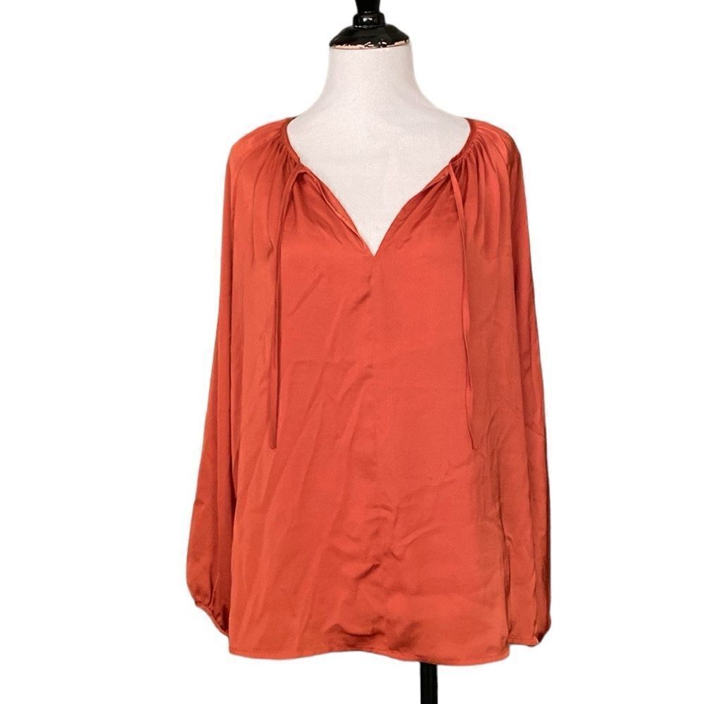 H&M Conscious Burnt Orange Rust Satin Blouse Long Sleeve Tie Neck Blouson